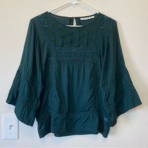 ROLLER RABBIT Embroidered 3/4 Sleeve Viscose Blouse in Emerald Green Sz XS